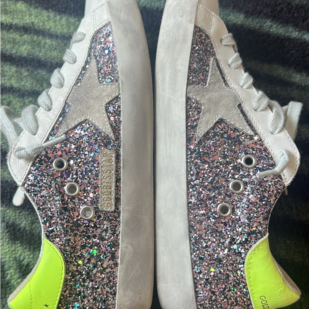 Golden Goose Silver Glitter and Neon Yellow Sneakers